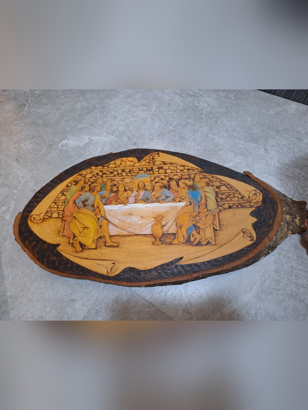 Hand-Pyrographed Last Supper Wood Plaque in Natural Brown Tones